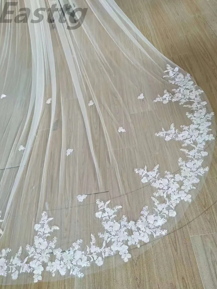 4 metri bianco avorio cattedrale Mantilla veli da sposa lungo bordo in pizzo velo da sposa con pettine accessori da sposa velo bianco sposa