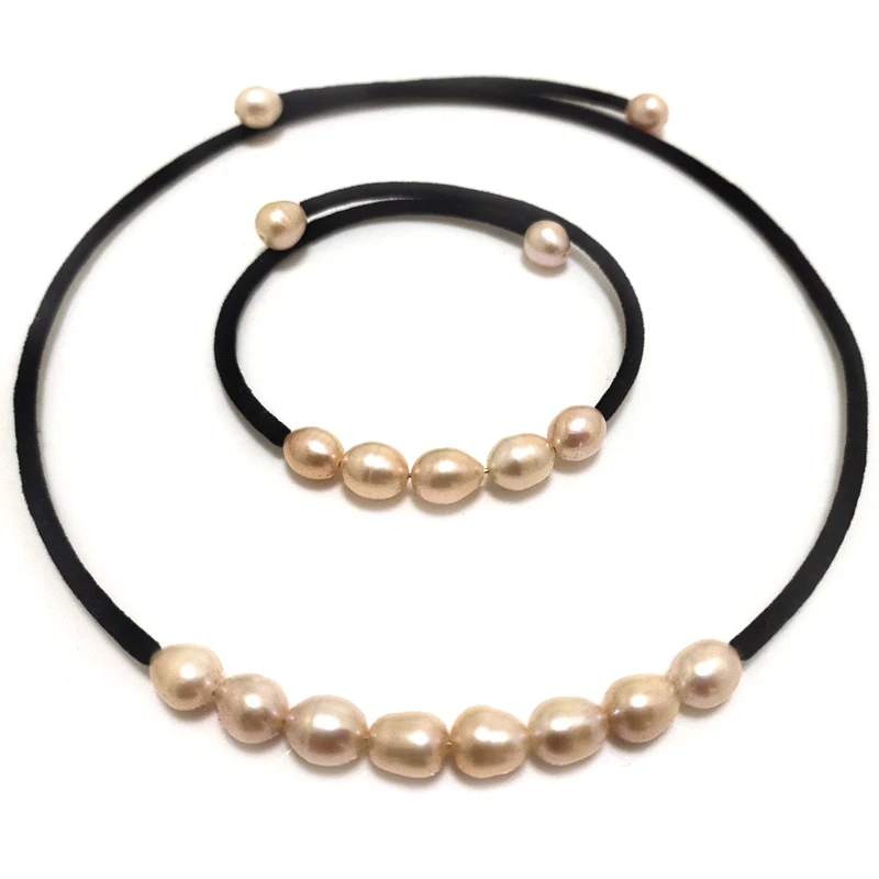 7-8M الأبيض لؤلؤ الأرز الطبيعي قلادة وسوار الذاكرة سلك الأزياء والمجوهرات مجموعة #2