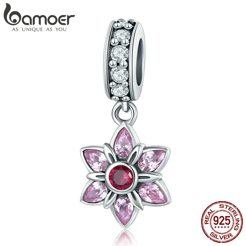 

BAMOER 100% 925 Sterling Silver Pendant Pink Crystal Spring Flower Pink CZ Charm fit Charm Bracelet & Necklace Jewelry SCC840