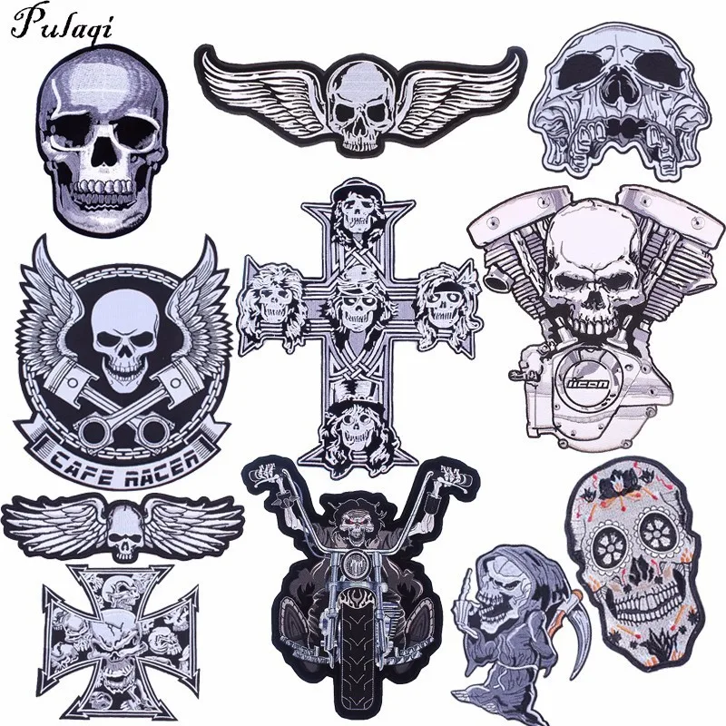Pulaqi Punk łata z czaszką Biker Rock duże haftowane motocyklowe opaski na ubrania kurtka duże skrzydła Patch powrót odznaka H