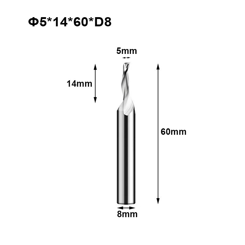 5pcs 5MM*14C*8D*60L Single Flute Aluminum Milling Cutter CNC End Mills for aluminum panels curtain wall, steel profiles,