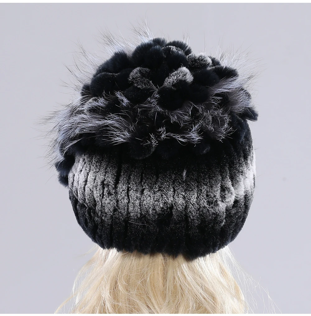 Neue Russische Damen Echt Rex-Kaninchenfell Mützen Luxuriöse Gestrickte Blumen Echte Rex-Kaninchenfell Kappe Winter Echt-Fell Beanie Mütze – Detail 20
