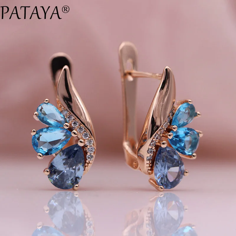 PATAYA New Three Water Drop Gradient Blue Earrings Women Natural Zircon Fine Fashion Jewelry 585 Rose Gold Color Dangle Earrings