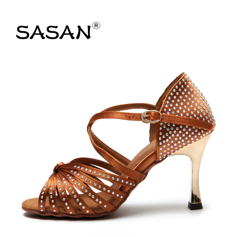 Sports shoes Ballroom Latin Dance Shoes For Woman Girl Soft Bottom Have Drill SASAN S-125 Import Satin 8.5cm gold Heel Black