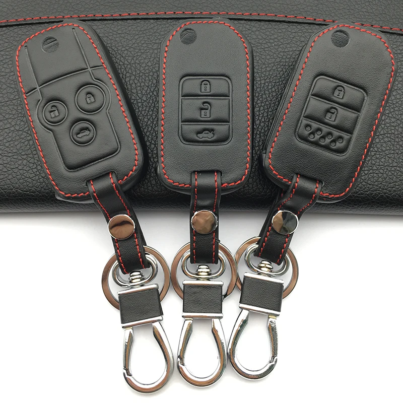 Praise Top layer leather Key Case for Car Key Chain For Honda Accord City Civic Crv Element Fit Hrv Odyssey Crider Jed 3 buttons