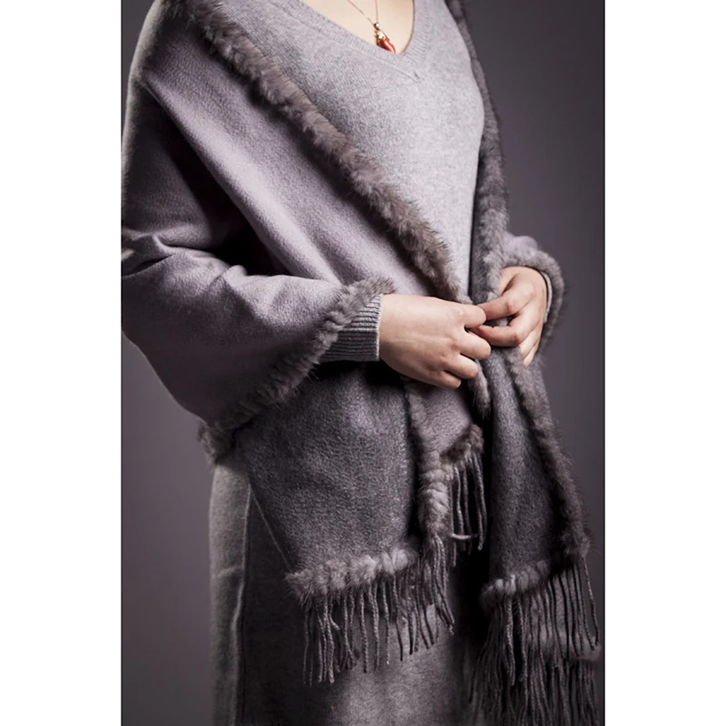 luxury fur poncho women spring autumn winter natural mink fur trim 100% pure cashmere gray double color S25