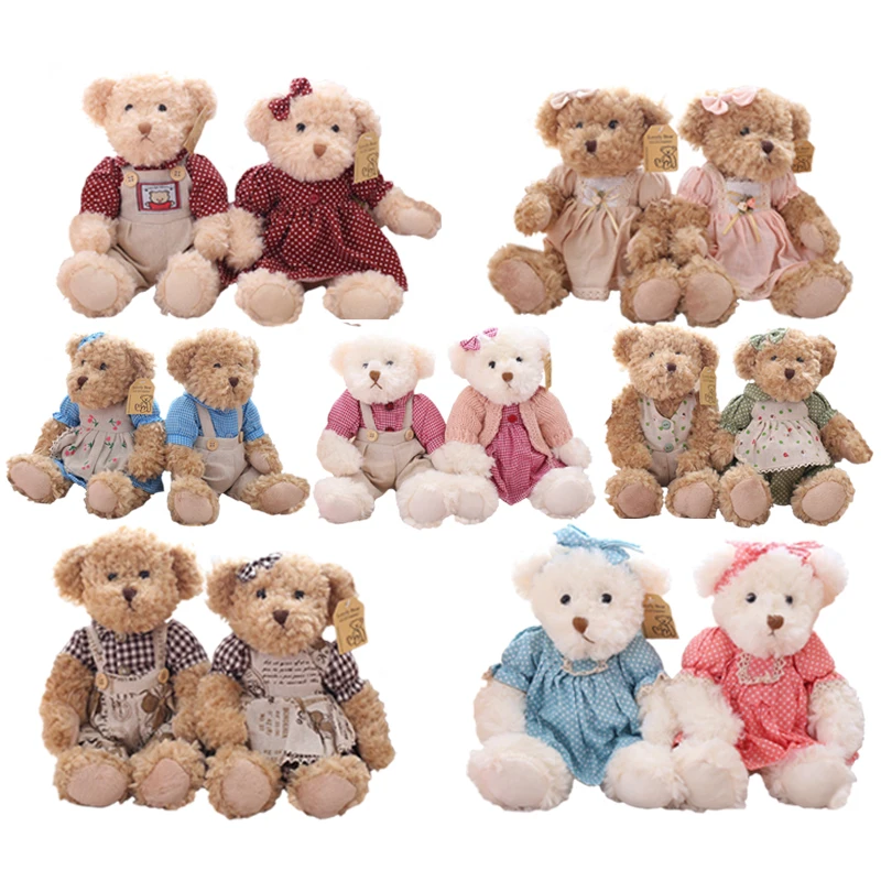 2pcs/pair 26cm Lovely Couple Teddy Bear With Clothes Dolls Stuffed Animal Bear Plush Toy Kids Baby Children Girl Birthday Gift