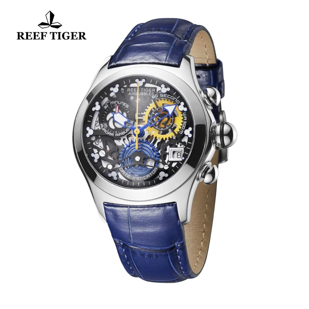 Reef Tiger New Designer Top Brand Luxury Fashion Watches for Women Steel Skeleton Watches Blue Strap Sport Watches RGA7181