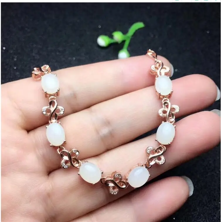 Natural Hetian White Jade chain bracelet Free shipping Natural real Hetian Jasper 925 sterling silver Fine jewelry 6*8mm 6pcs