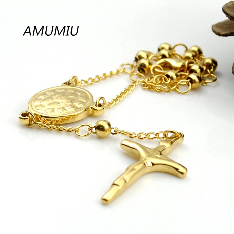 AMUMIU 20CM*4MM Women religious bracelet gold Color beads chain stainless steel rosary jewelry with cross new HZB052W4