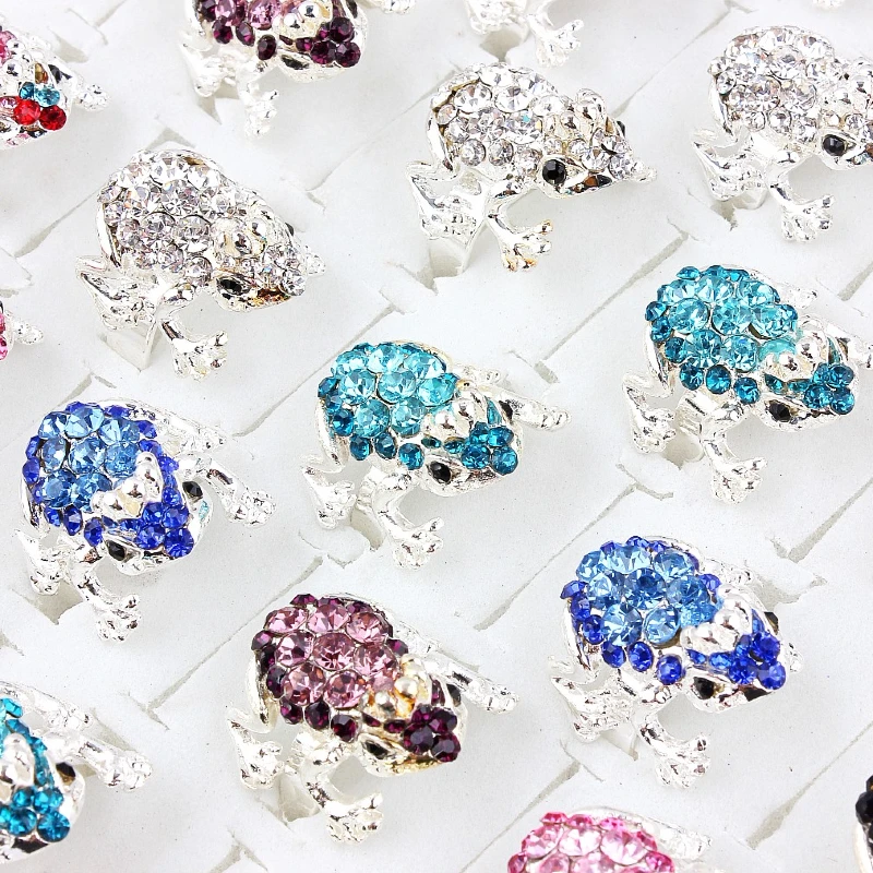 QianBei Lovely Wholesale Mix 25pcs Frog Charm Rhinestone Crystal Adjustable Gift Exaggerated Rings Fashion Jewelry