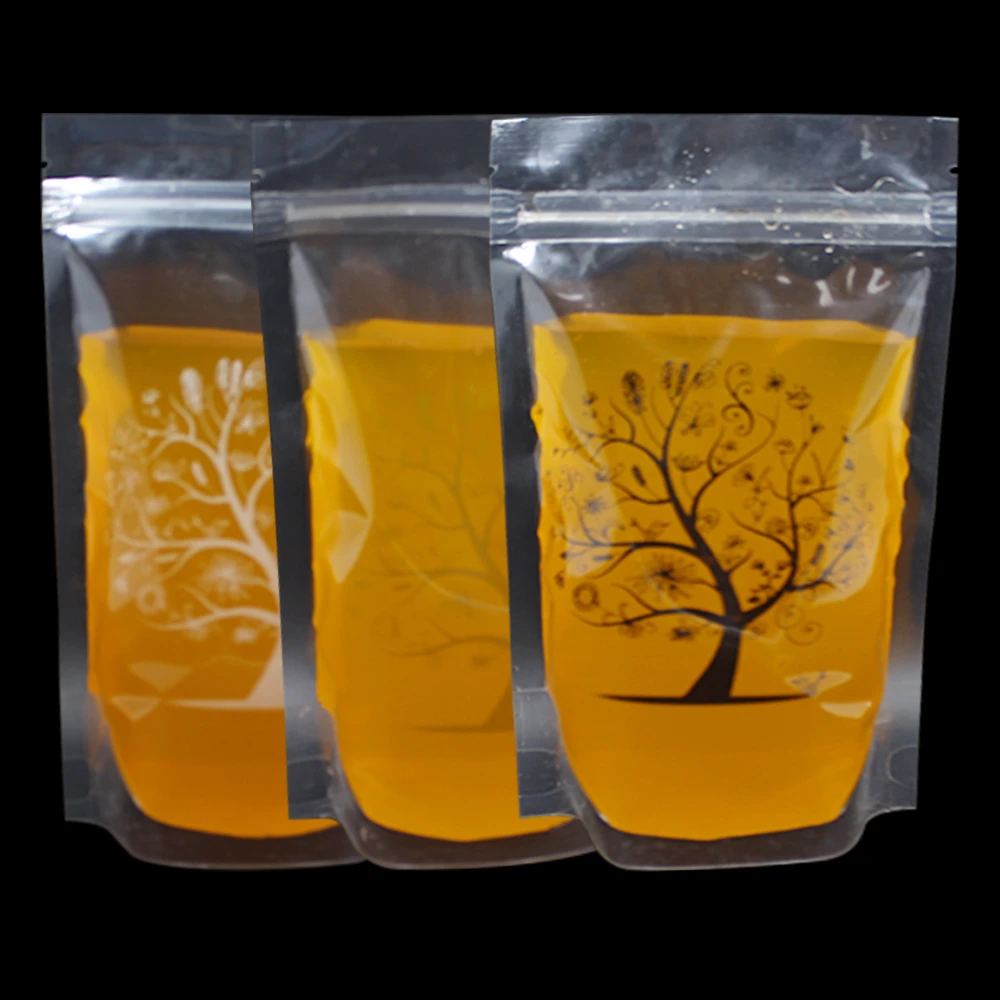 

500Pcs 12*20cm Clear Doypack Ziplock Package Bag for Beverage Milk Juice Storage 400ml Capacity Drink Organizer Bag Tree Print