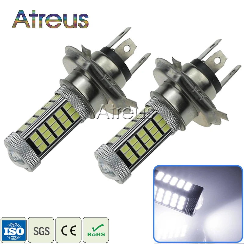 Atreus 2Pcs Car LED H4 63 SMD2835 LED 6000K Car Driving Fog Lights Lamp Bulb White 12V DRL with lens automobiles accessories