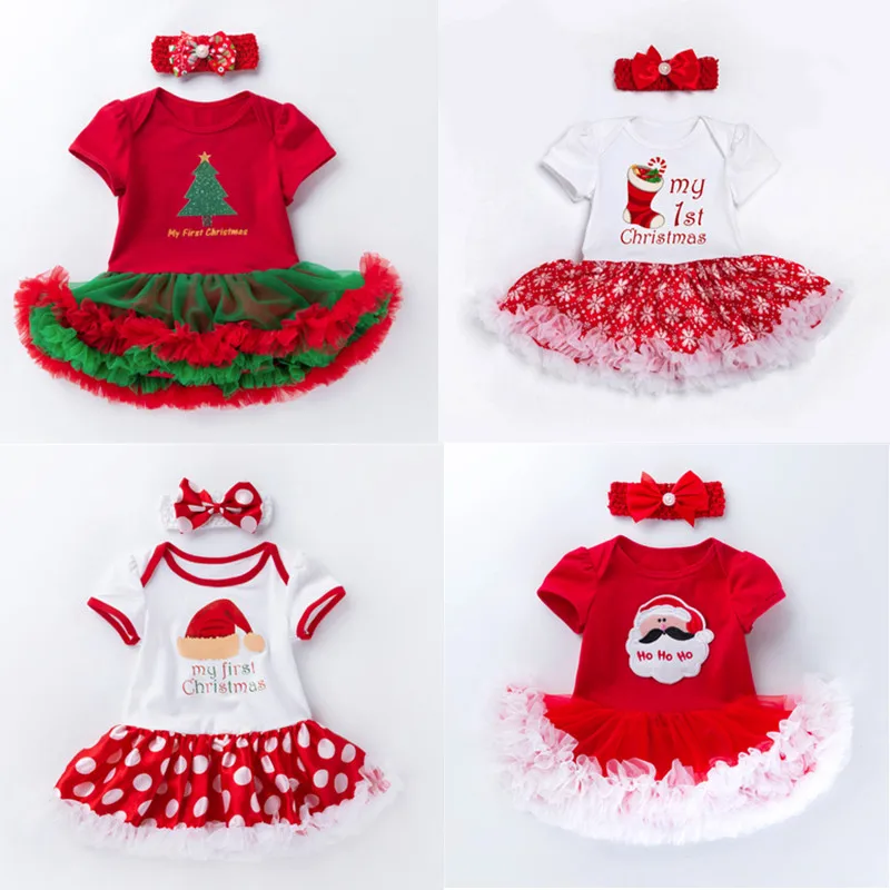 

New Baby Girls Christmas Clothes Sets Newborn Toddler Rompers lace tutu skirts bows headband for Party Children Gifts