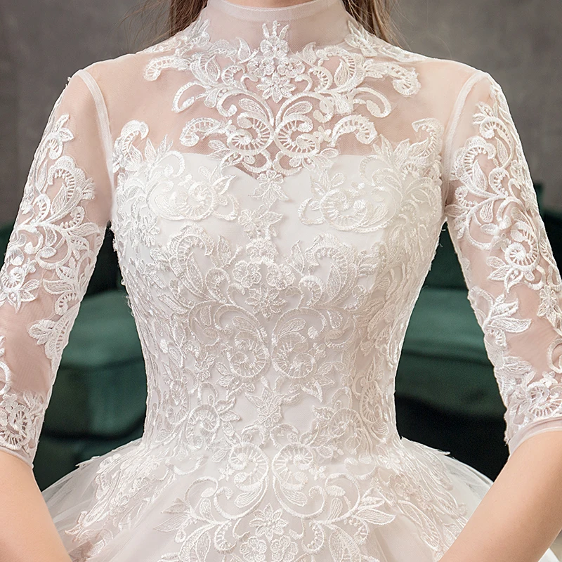 Abito da sposa ricamato in pizzo con strascico grande 2024 Abito da sposa a mezza manica con collo alto Abito da sposa vintage personalizzato