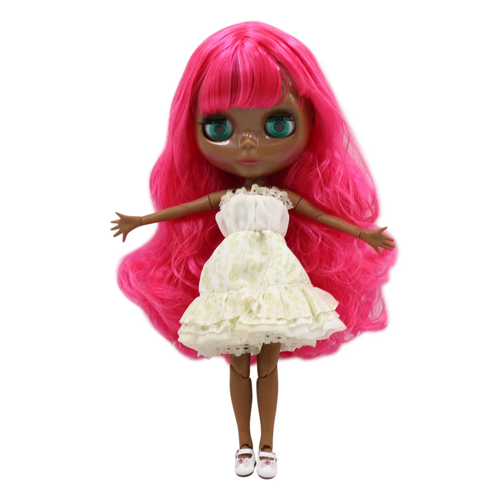 

ICY DBS Blyth doll super black dark skin Glossy face joint body deep pink curly hair.No.BL1290