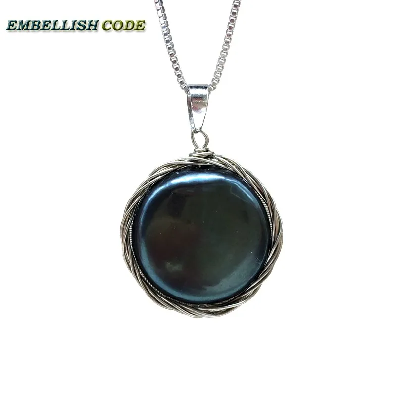 handmade baroque pearl flat round silver color pendant Hemming necklace black blue brown 16'' 18'' box chain special for Lady