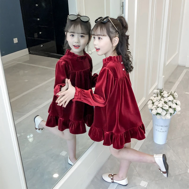 Hot Girls Retro Golden Velvet Dress Spring Fall Kids Long Sleeve Lace Ruffles Princess Dresses Children One Piece Clothes P37