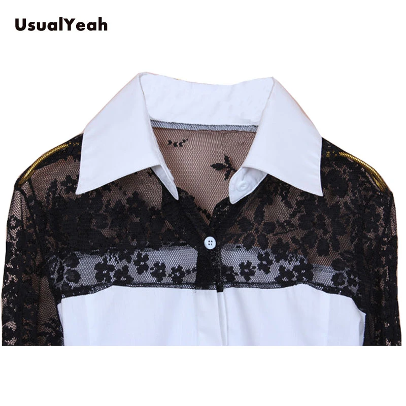 UsualYeah  New Casual Long sleeve Lace Patchwork Women work wear Slim Fit Body Shirt Blouse Office Blusas White S-XXL SY0099