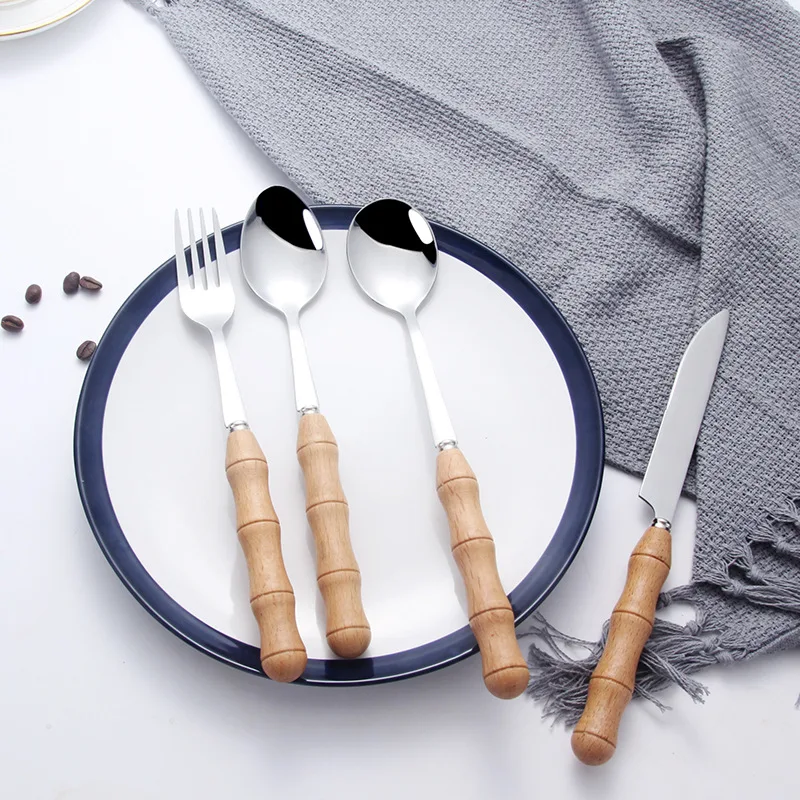 50set/lot Creative design wooden Western knife and Fork Spoon Cutlery Set Japanese style wooden handle stainless steel cutlery