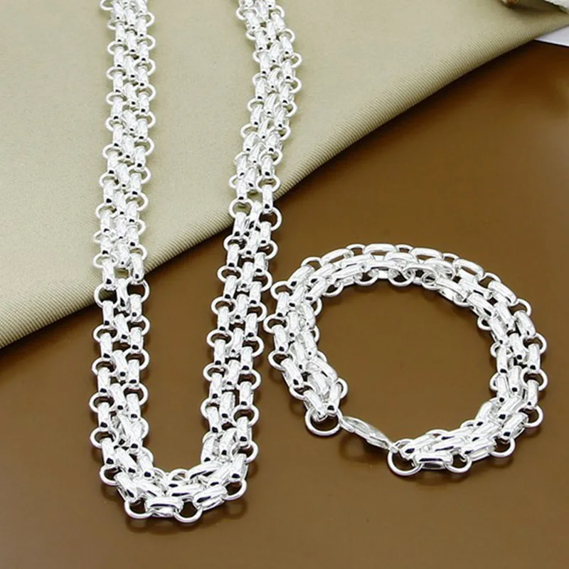 Aravant 925 Silver Simple Necklace Bracelet Jewelry Set For Women Men Party Jewelry