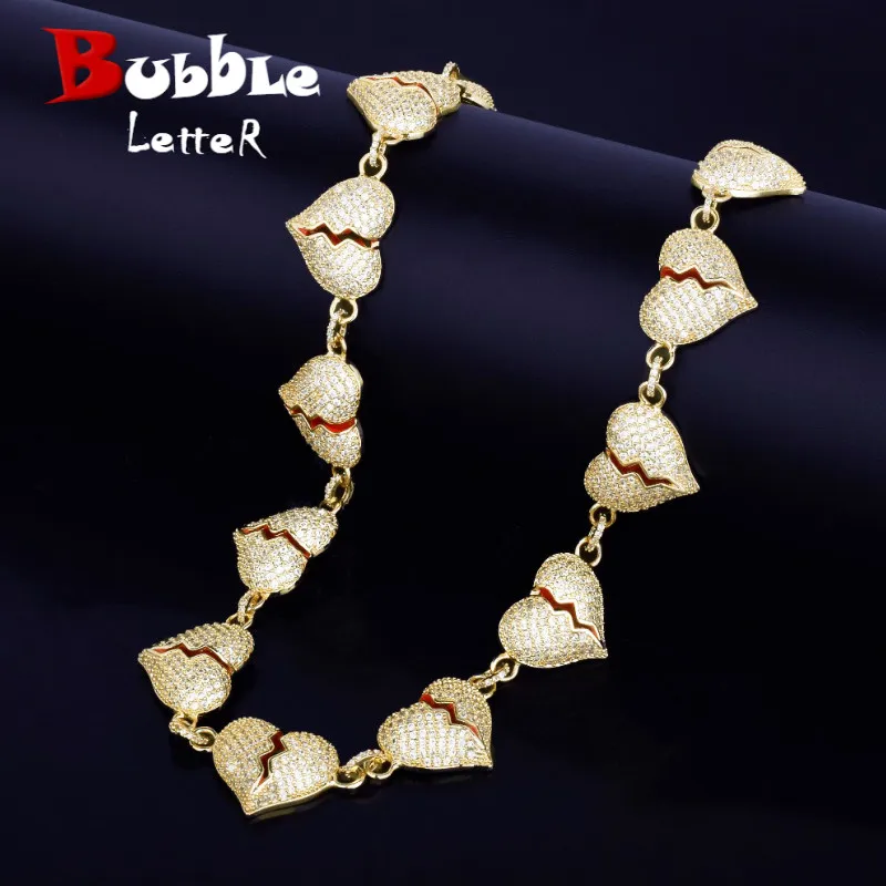 

Bubble Letter Iced Out Broken Heart Cuban Link Chain for Men Necklace Choker Real Gold Plated Hip Hop Jewelry Free Shipping Item