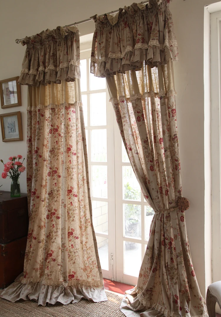 High-end Rose Printed Blackout Curtains with Valance,Natural Linen Curtains, Rural Cotton Hemp Cortinas with Floral Ruffles