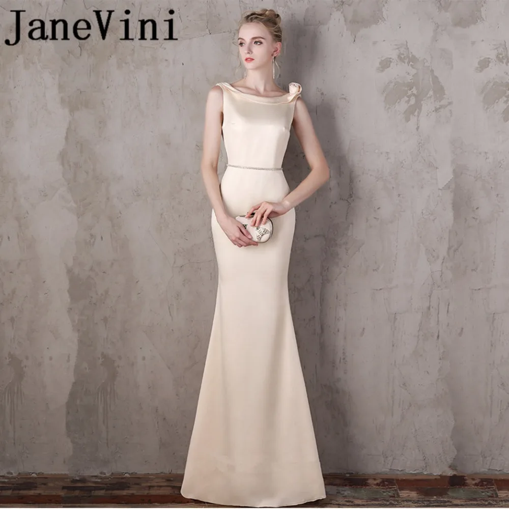 JaneVini Elegant แชมเปญชุดเพื่อนเจ้าสาวยาว Mermaid ลูกปัด Backless Sweep Train ผู้หญิงอย่างเป็นทางการชุด Vestidos Dama