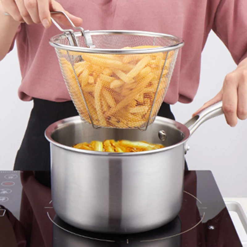 Stainless Steel French Fries Colander, Noodle Strainer, Food Filter, Durable Fried Chicken Filter Net, Foldable Kitchen Utensil