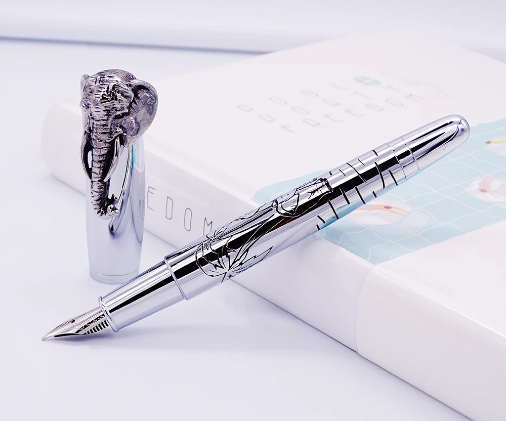 Fuliwen Fountain Pen Elephant Head on Cap, Delicate Silver Signature Pen, Medium Nib Business Office Home School Supplies