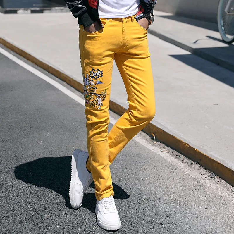 Fashion Streetwear Mens Jeans Slim Fit Pink Yellow Green Color Elastic Punk Pants Hip Hop Jeans Embroidery Denim Trousers Men