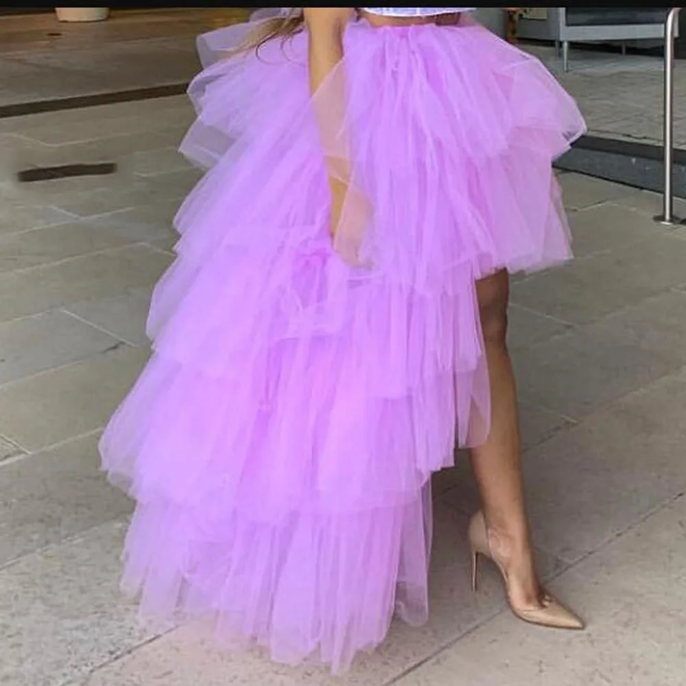 Lavender High Low Tulle Skirts 2024 High Street Custom Made Long Tiered Tulle Skirt Women To Party Female Maxi Tulle Skirt