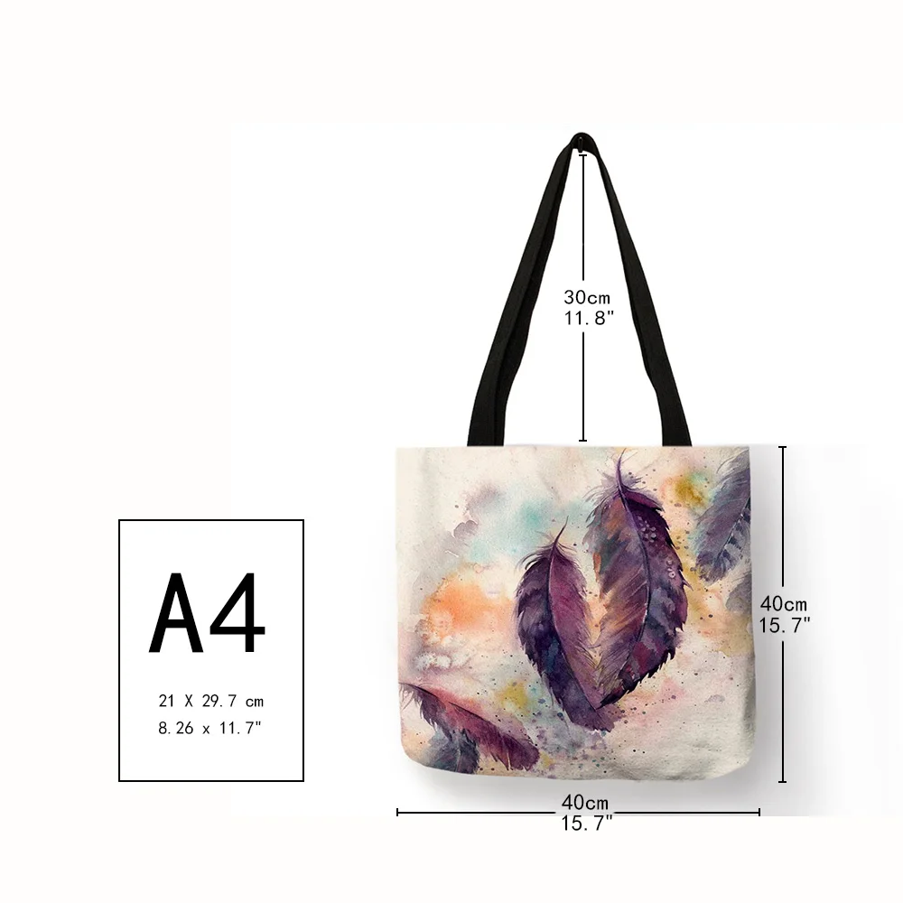 Watercolor Painting Feather Women Eco Linen Tote Bag Foldable Reusable Storage Package for Shopping Travel School Handbag