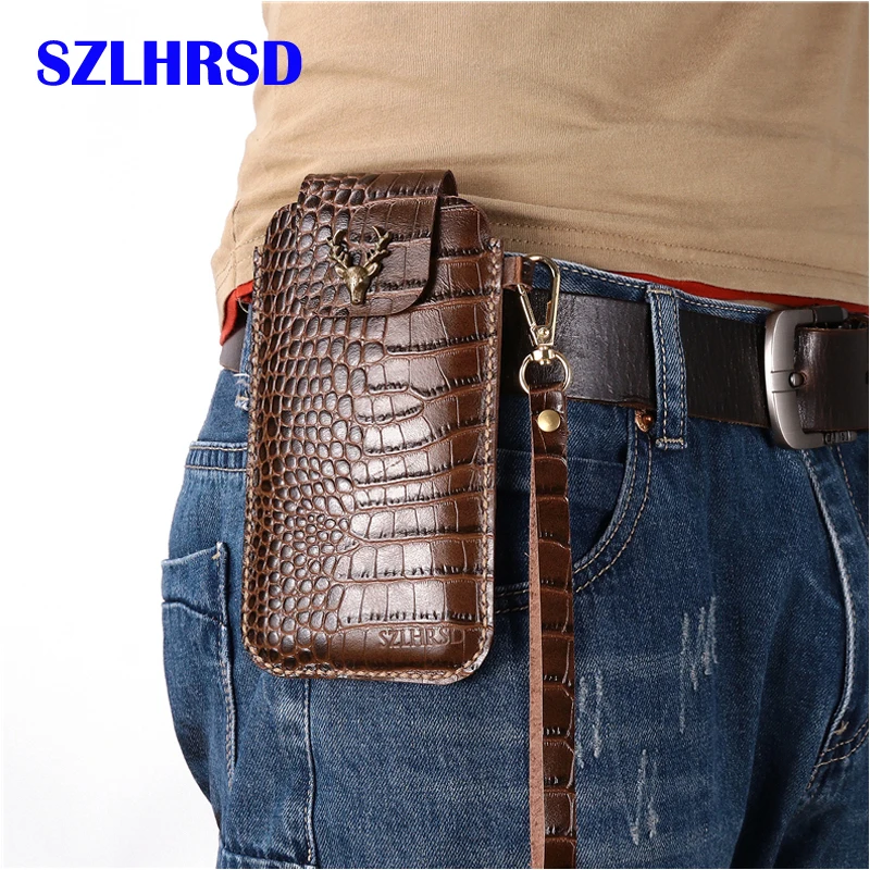 Wrist Hanging Men Genuine Leather Case Mobile Phone Waist Bag Wear Belt Verticle Waist Bag for Samsung Galaxy A7 2018 A6s A8s A9