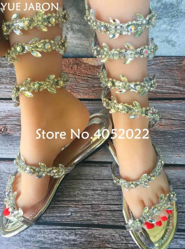 Summer Luxurious gladiator sandals Bling Silver women Flat Sandals Snake Punk Rhinestone Flat Heel Women Sandals Wedding Shoes