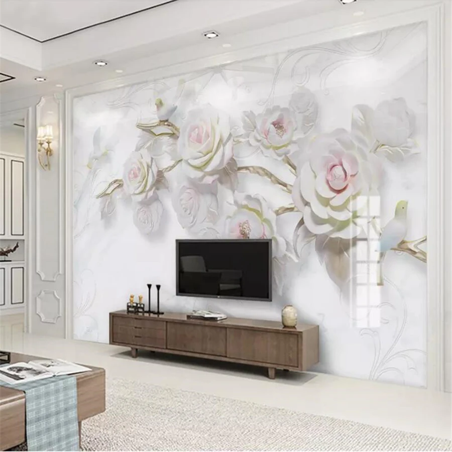 

beibehang Custom wallpaper 3d photo mural stereo embossed rose bird marble sofa background wall decorative painting 3d wallpaper