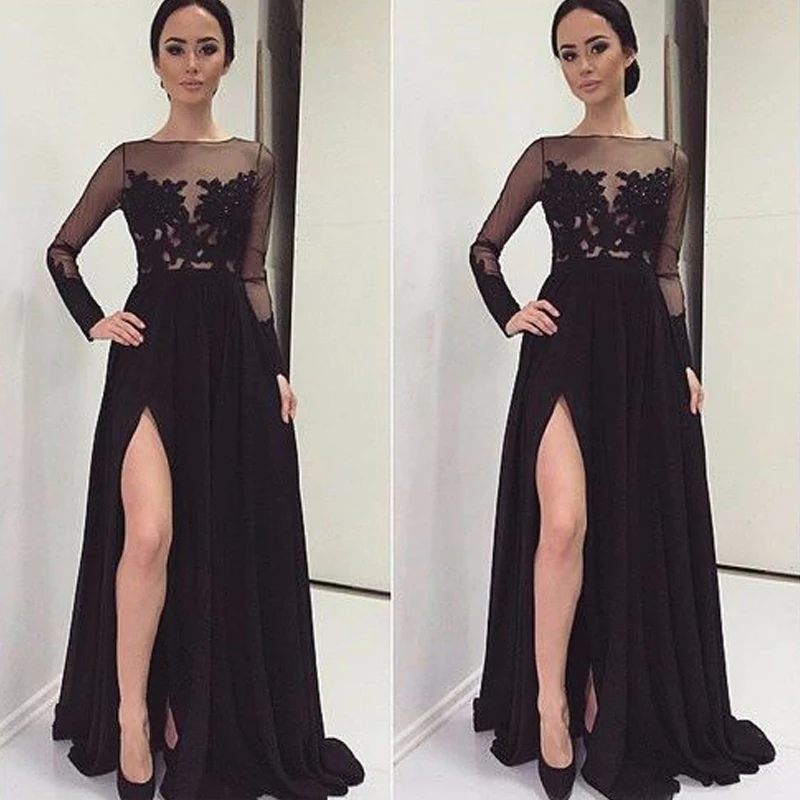 Feito sob encomenda lindo fenda alta longo vestidos de noite preto chiffon mangas completas rendas ver-através da festa de casamento vestidos de baile