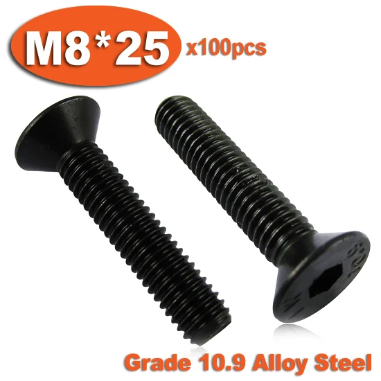 100pcs DIN7991 M8 x 25 Grade 10.9 Alloy Steel Screw Hexagon Hex Socket Countersunk Head Cap Screws