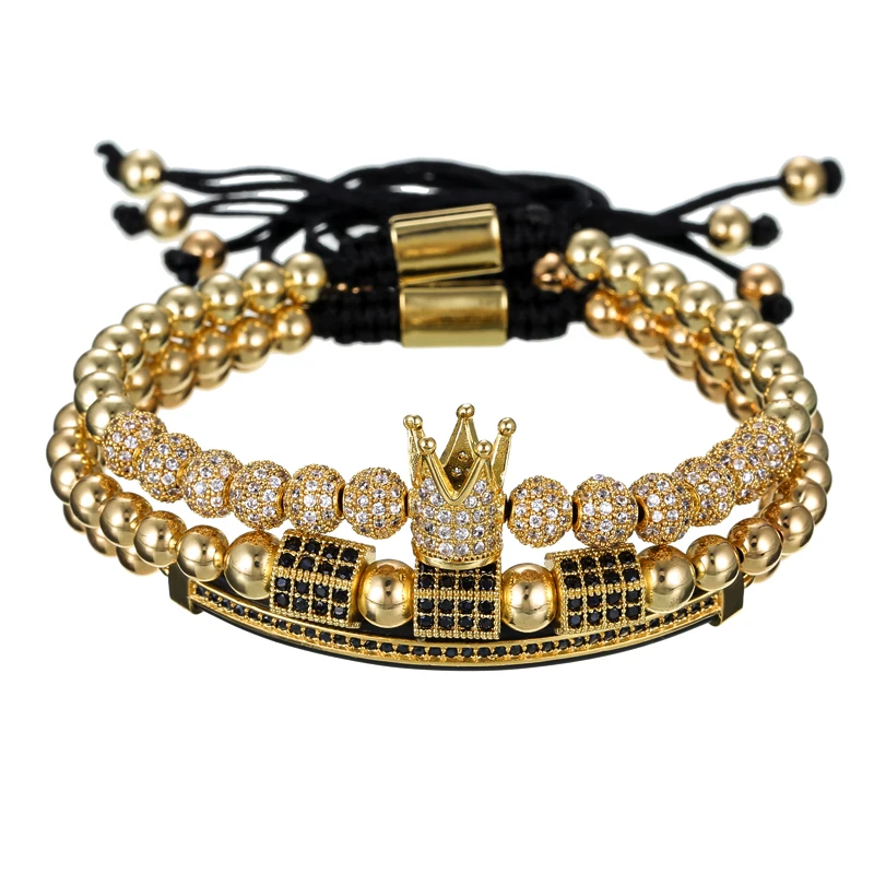 3pcs/set Men Women Gold Hip Hop Bracelet Jewelry CZ Moon Crown Charms Macrame Beads Bracelets Sets for women pulseira masculina