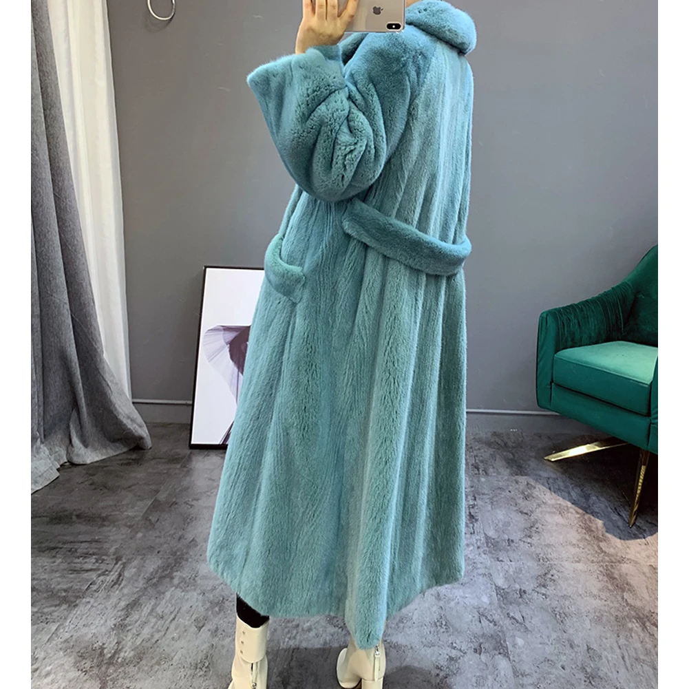 2019 das Mulheres New Real Mink Casaco De Pele das Mulheres de Inverno Longo Casaco Quente das Mulheres Pequeno Colar de Abertura de cama Azul casaco de Pele De vison