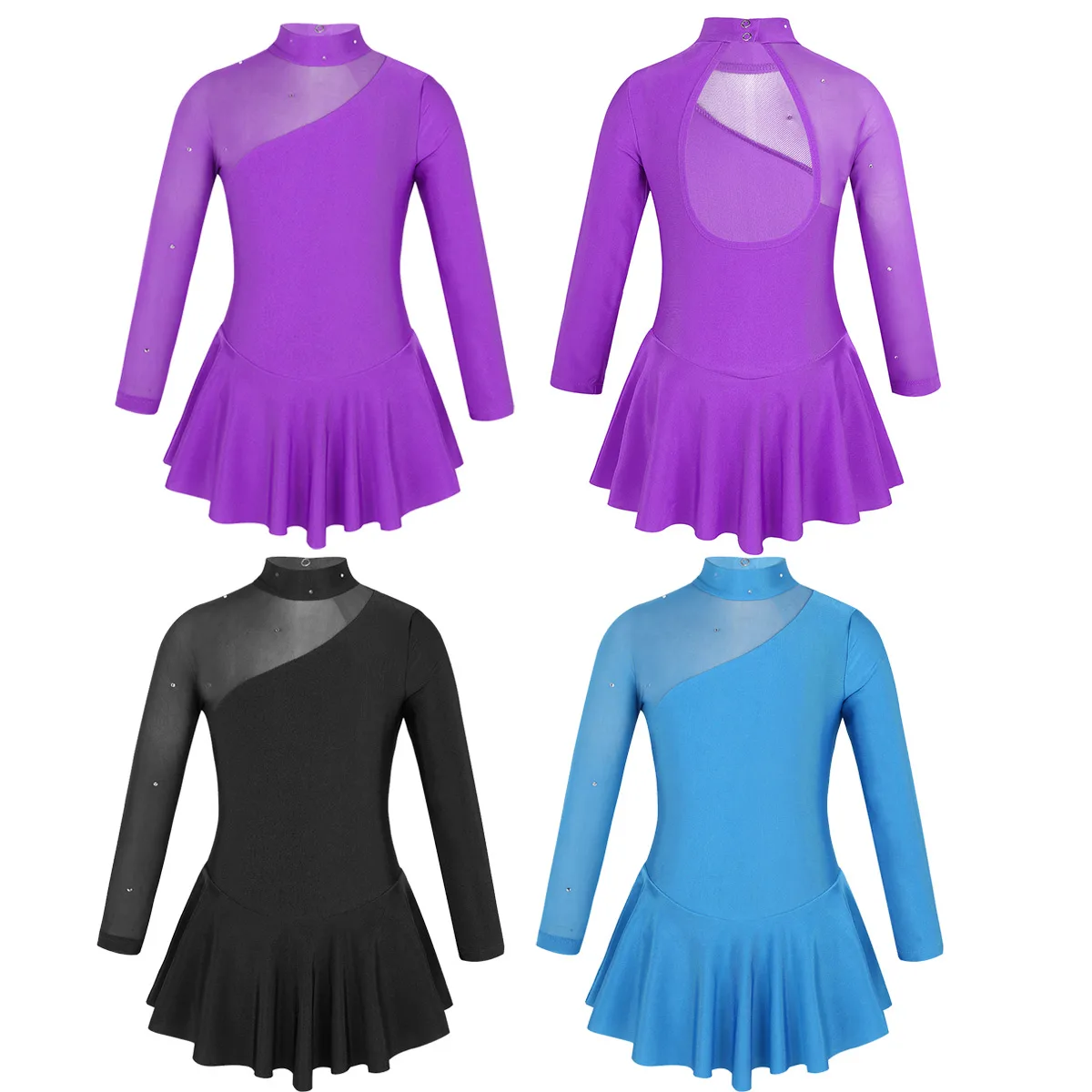 Kids Girls Ballroom dress Figure Ice Skating Dress Rhinestone Tulle Long Sleeves Child Gymnastics Leotard Ballet Dance Costumes