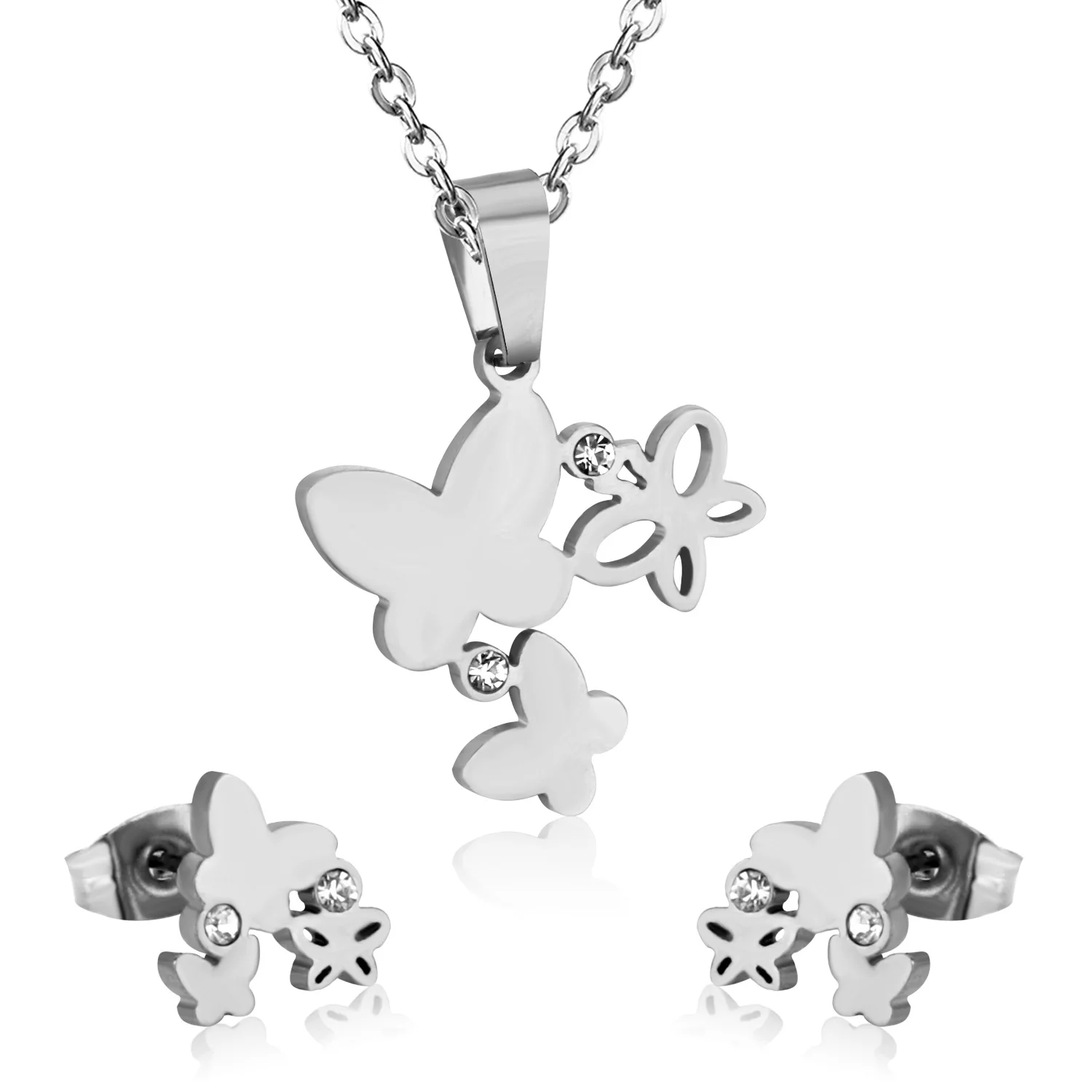 LUXUSTEEL Cute Jewelry Sets Stainless Steel Butterfly Pendant Necklace Earring Sets With Cubic Zirconia For Women/Girl Bijoux
