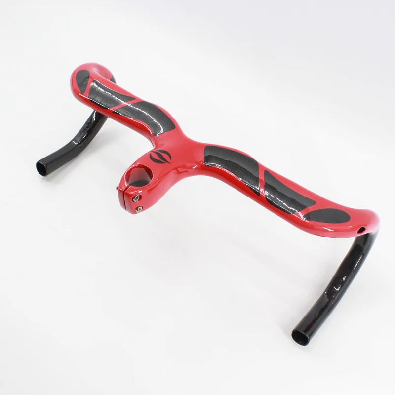 QILEFU-3K Full Carbon Bicycle Handlebar and Stem Integrated with Stent Hole Internal Cables Road Bike Red New Arrival