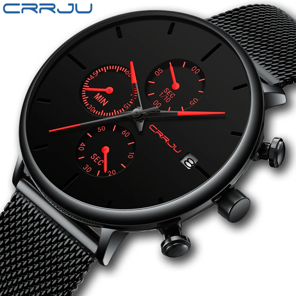 CRRJU-Reloj de pulsera deportivo de lujo para hombre, cronógrafo de cuarzo con correa de malla y fecha automática de acero inoxidable, diseño único, informal, a la moda