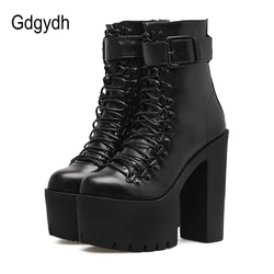 Gdgydh – Bottines en cuir pour femme, style motarde, chaussures à talons hauts avec boucle en métal, fermeture éclair et lacets, tendance printemps et automne