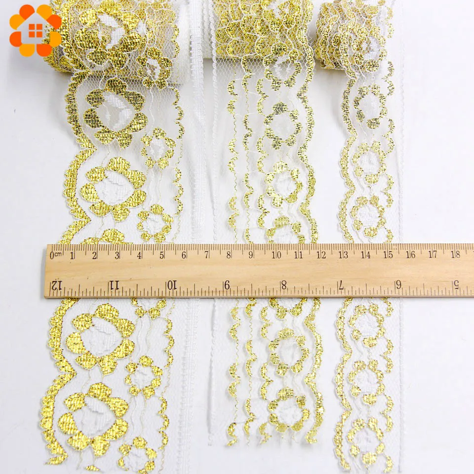 10Yards 3 Sizes Gold Embroidered Lace Ribbon Soft Net Lace Trim Fabric Handmade DIY Sewing Decoration Wedding Party Supplies