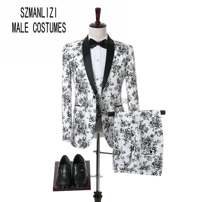 

Custom Tailor Made Men Wedding Suits Fashion Design Slim Groomsmen Wedding Groom Tuxedo White And Black Rose Men Suits 3 Pieces