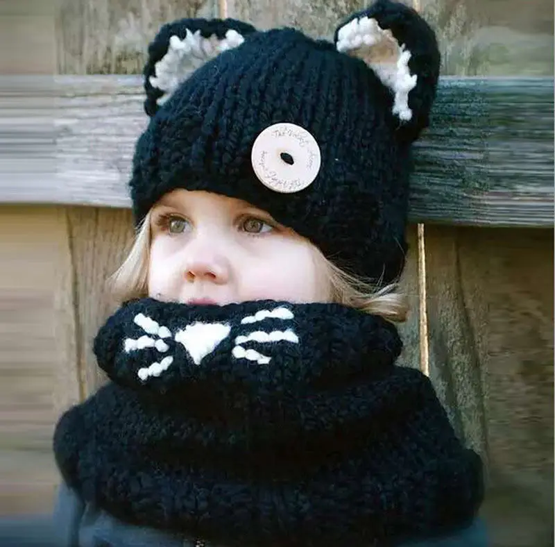 BomHCS Girls cat scarf hat collar wool knitted cap 1-6 years old baby children's hats