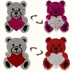 T shirt Donna 22 cm orso cuore di amore di patch su e giù invertendo paillettes cambia colore affare con esso patch per abbigliamento adesivi