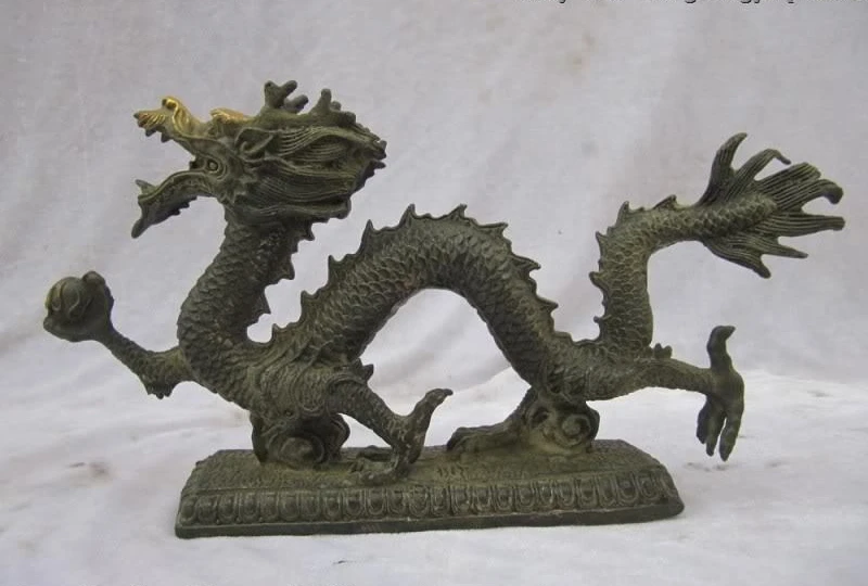 China Folk collection classical Bronze Gilt Lucky Fly Dragon Play Bead statuary